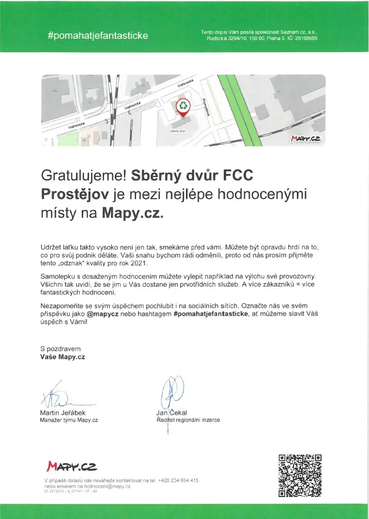 Collection yard FCC Prostějov won the award of Mapy.cz users